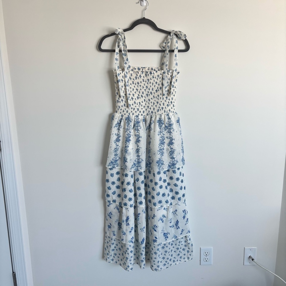 Crystal Doll Blue & White Floral Smocked Midi Dress | NWT